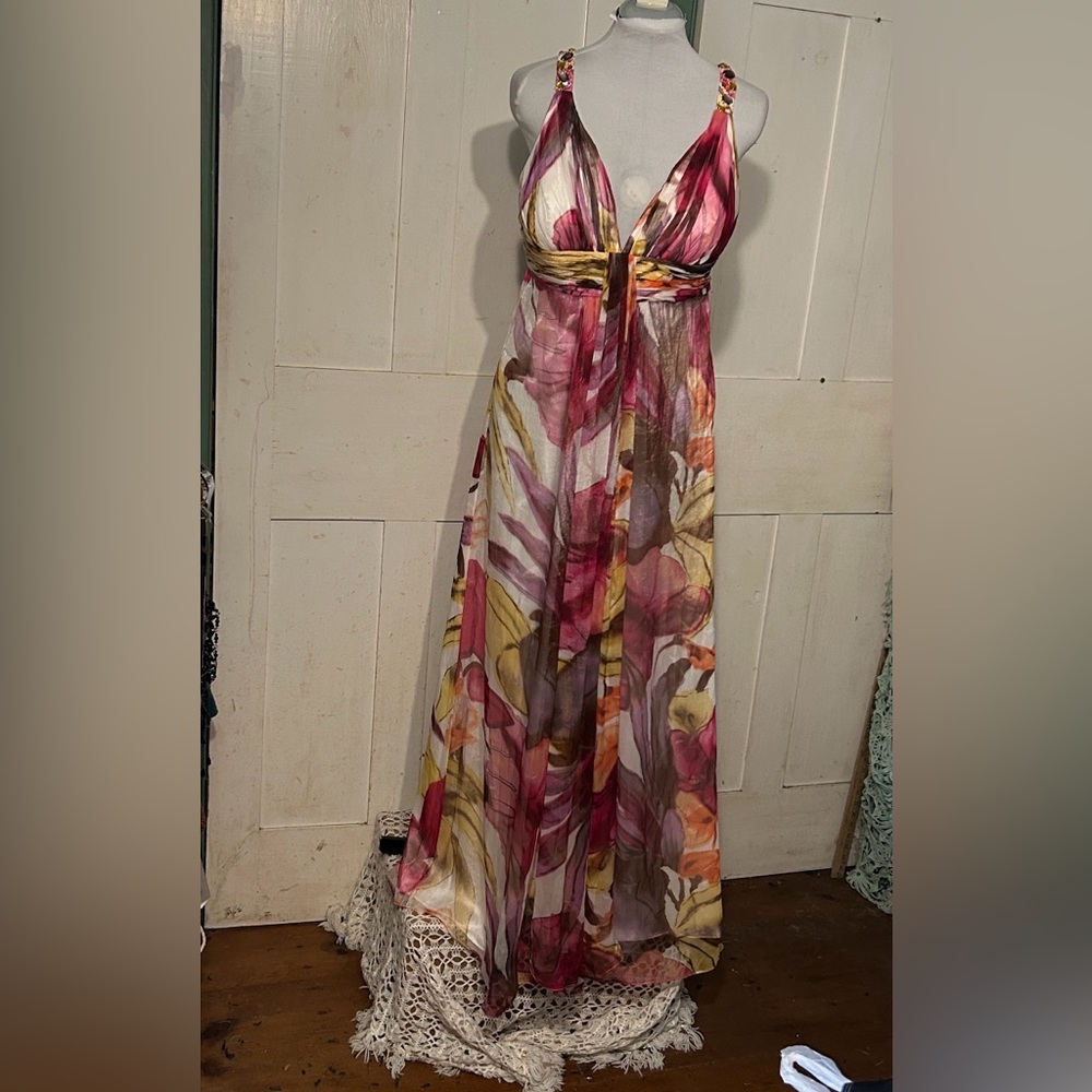 Vintage Dave & Johnny Maxi Dress 90s Y2K Floral Chiffon Beaded Straps Sz 14